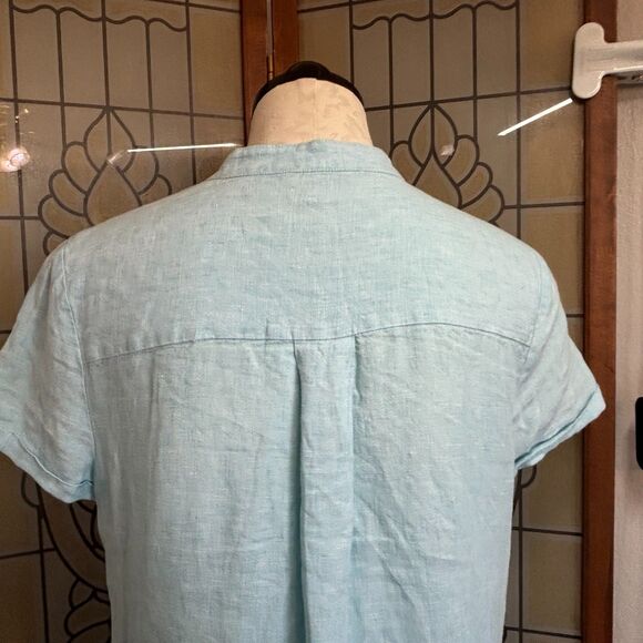 Pure Navy Linen Teal Button Down Midi Shirt Dress Pockets Beachy Coastal Size S - Picture 7 of 14